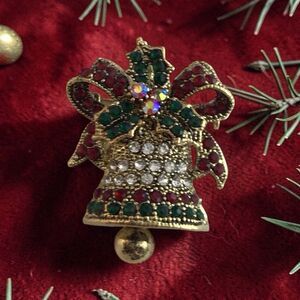 Christmas Bell And Ribbon Brooch/Necklace,Size 2 Inches, Bell Gong Moves